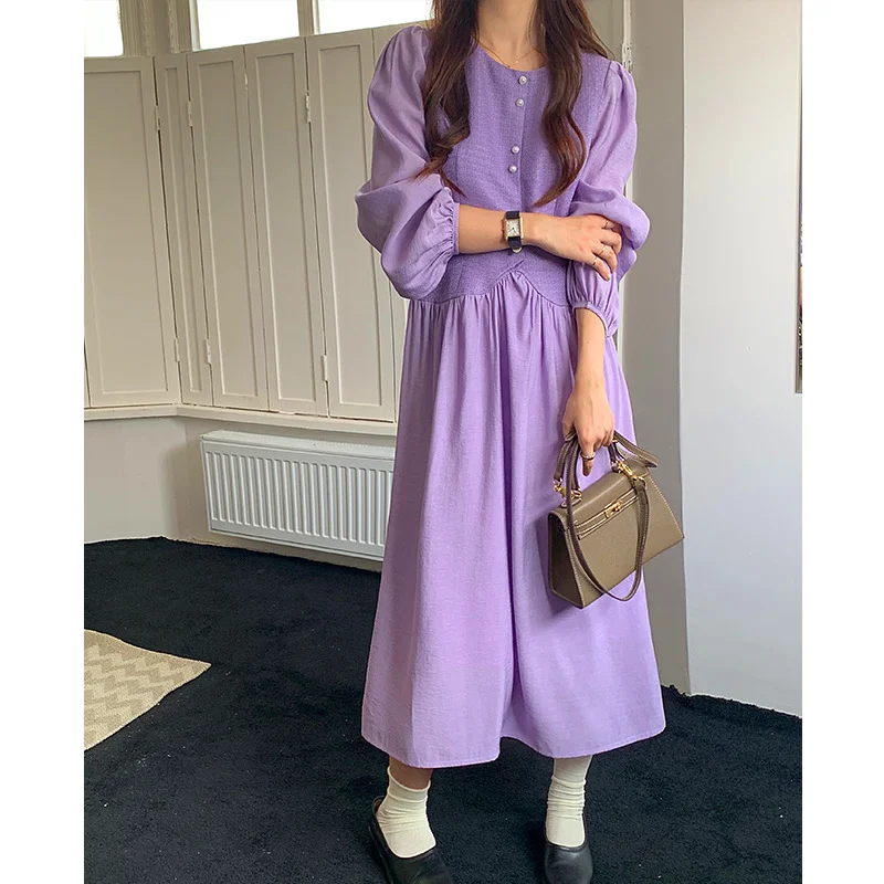 

Autumn Long-sleeved Purple New Long Dress Women Elegant Korean Loose Slim Fake Two-piece Patchwork Female Midi Dresses 1578