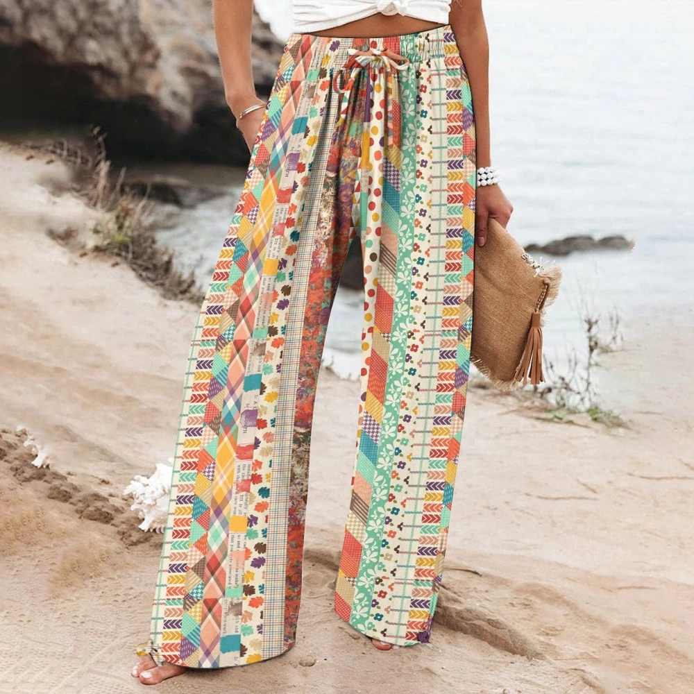 Bohemian-Style Drawstring Pants Boho Beach Vibes Trousers Geometric Prints Comfortable Wide-Leg Pants Womens Straight Leg Outfit