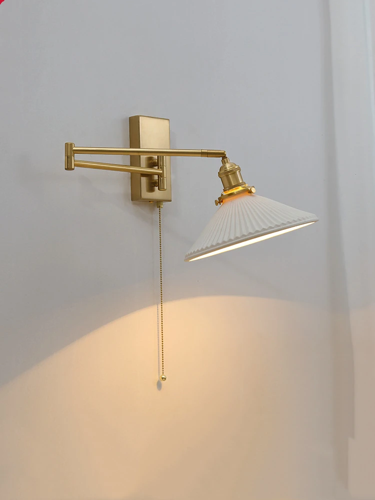 IWHD Nordic Modern LED Wall Sconce Left Right Rotate Pull Chain Switch Bedroom Restaurant Bar Beside Lamp Ceramic Stair Light