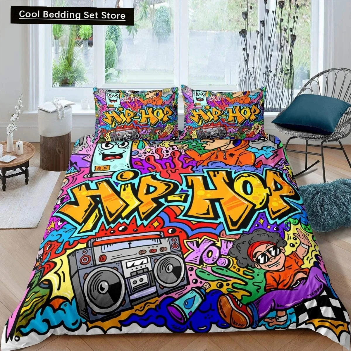 

Hippie Graffiti King Queen Duvet Cover Hip Hop Bedding Set for Kids Teens Adults Wall Urban Street Art Polyester Quilt Cover