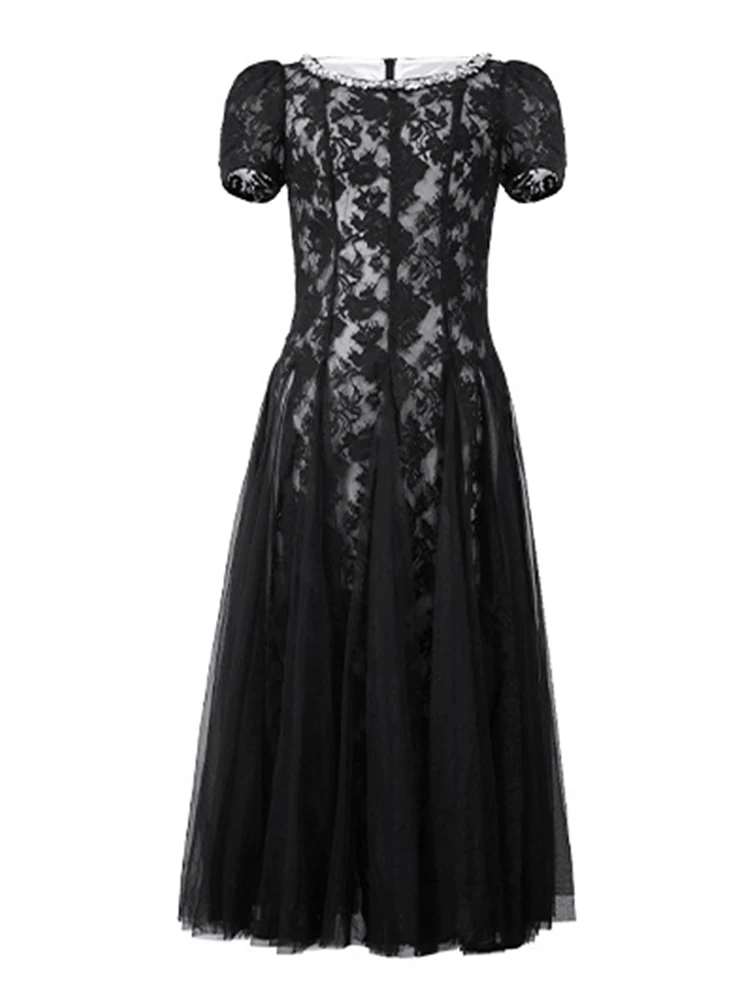 Elegante abito lungo nero romantico per le donne Dolce pizzo trasparente Maglia diamante Perla Abito in tulle Lady Matrimoni Abiti da sera formali