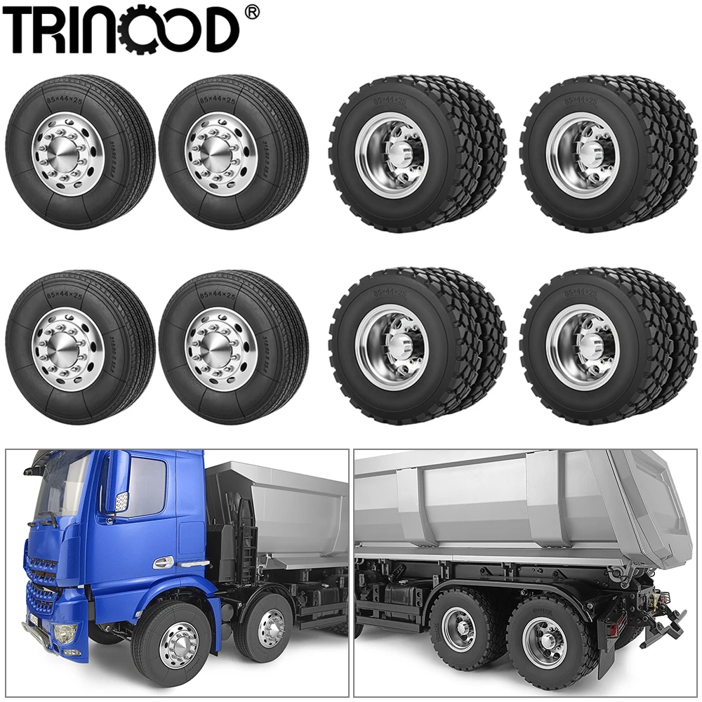 TRINOOD 8Pcs Tamiya Truck Wheels Tires 8x8 Front Rear Complete Car Tyres Set for 1/14 RC Tractor Trailer Cargo Upgrade Parts