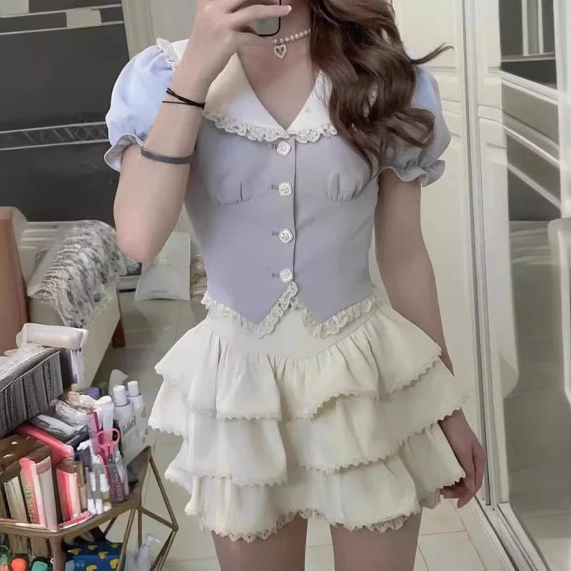 

Navy Collar Academy Style Suit Dress for Women Summer New Hot Girl Short Sleeve Top High Waist Cake Skirt Two-Piece Set