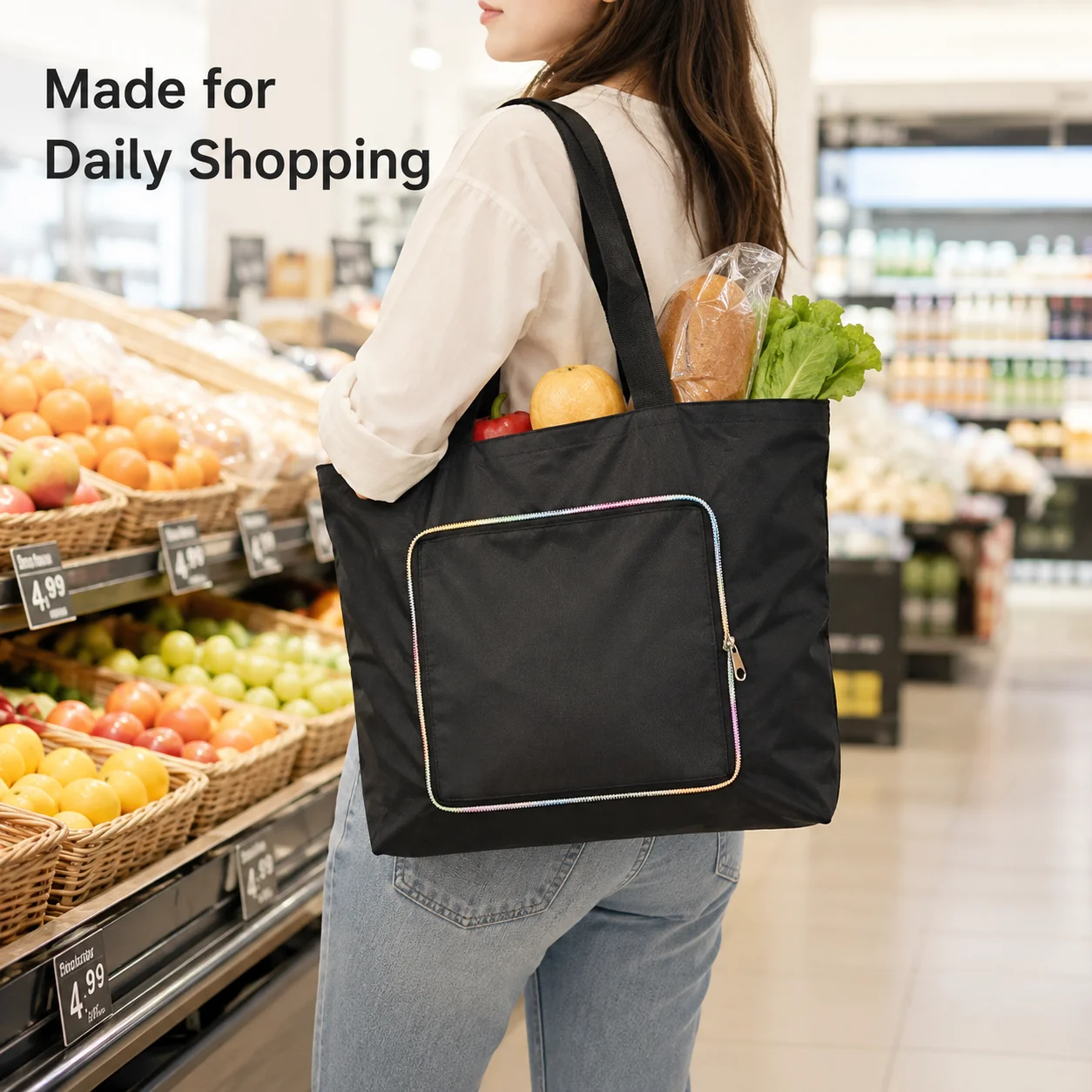 Lightweight Foldable Shopping Bags 5PCS 10PCS Reusable Polyester Grocery Tote Set With Rainbow Zipper Pocket For Family Travel