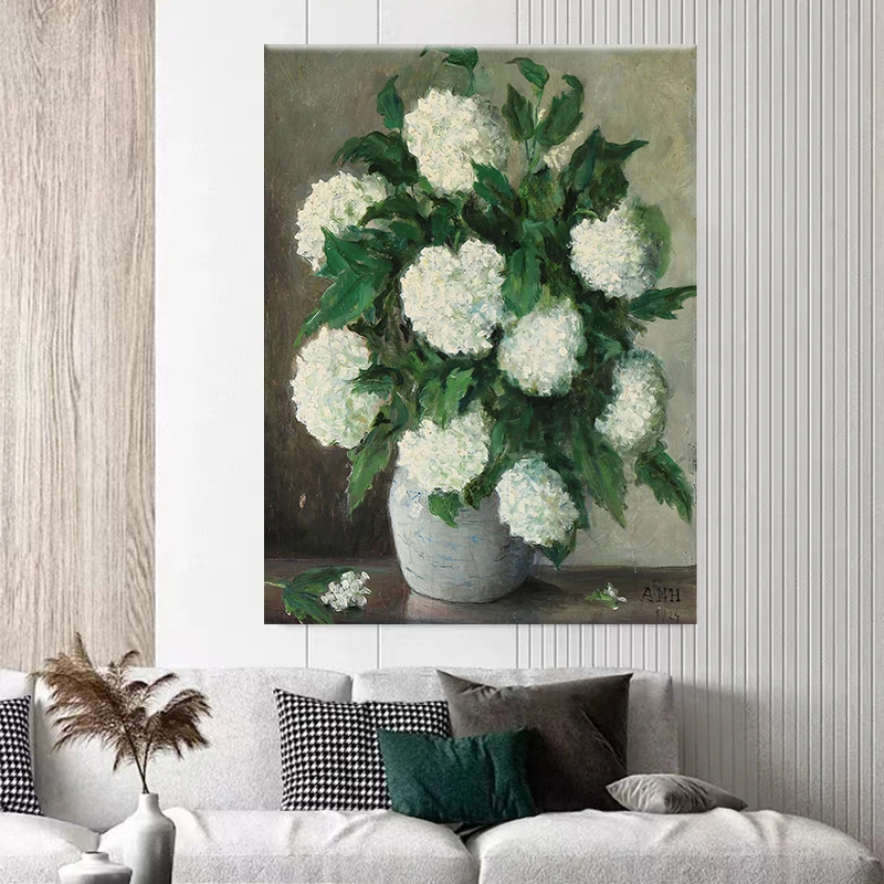 Vintage White Hydrangea Painting Canvas Prints Flower Wall Art Botanical Flower Posters for Bathroom Home Wall Decor Cuadros