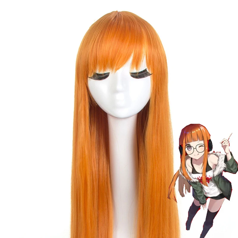 Orange Long Straight Human Hair Persona Sakura Futaba Wig Cosplay High-temperature Silk Festival Party Bar Appointment Full Wigs - view 3