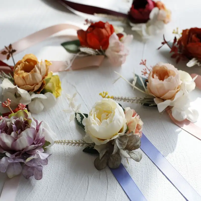 Vintage Penoy Kunstmatige Bloemen Boutonnieres Groomsman Pols Corsage Huwelijk Bruiloft Accessoires Homme