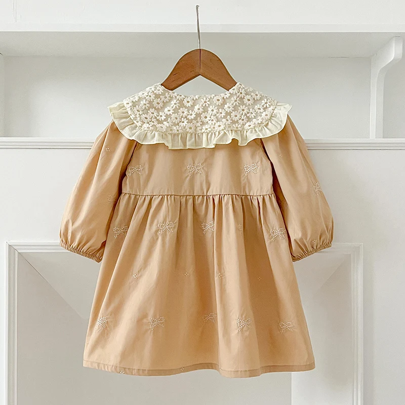 Sweet Kids Baby Girls Long Sleeve Embroidered Bow Princess Dress Autumn Baby Girls Lace Doll Collar Dress Children Clothes Dress