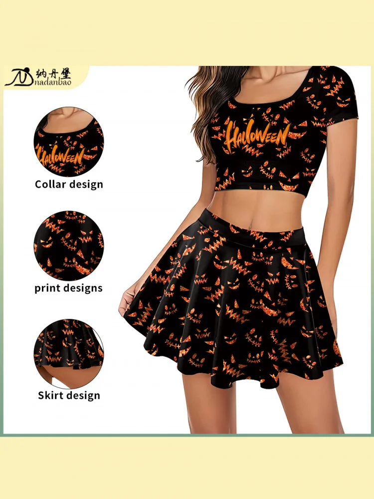 

2025 New loween Print Skirt Set ort Sve Women's Casual Gingham Pleated Skirt Outfit Polyester Bat ape
