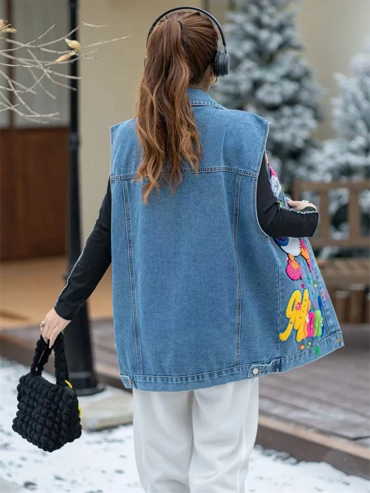 Fashion Brand Exquisite Rhinestone Beaded Cartoon Sleeveless Denim Coat Female 2024 Autumn New Polo Collar Loose Vest Top Women