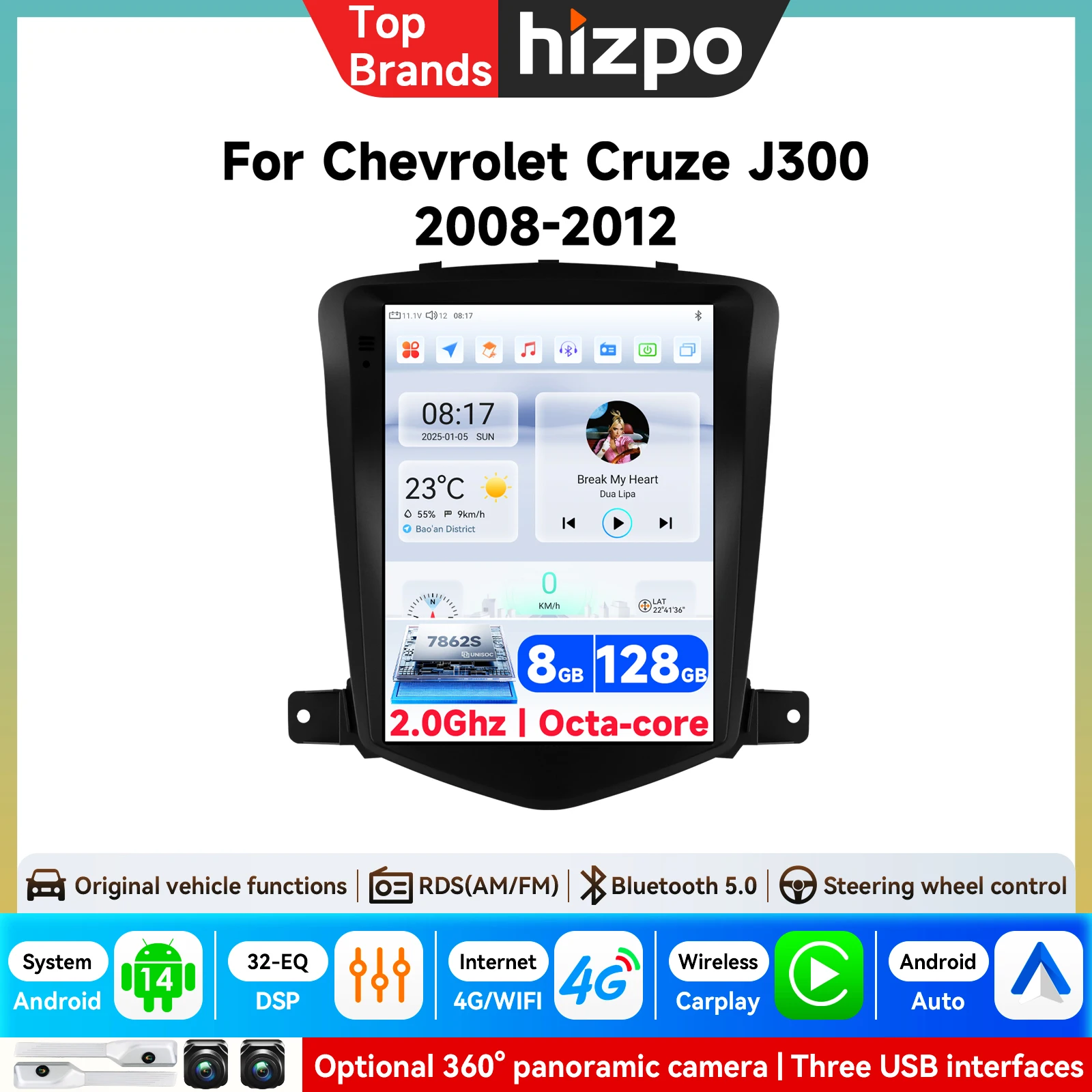 Hizpo 9,7" GPS Autoradio Android für Chevrolet Cruze J300 2008-2012 2Din Multimedia-Player Video-Navigation 4G Carplay Haupteinheit