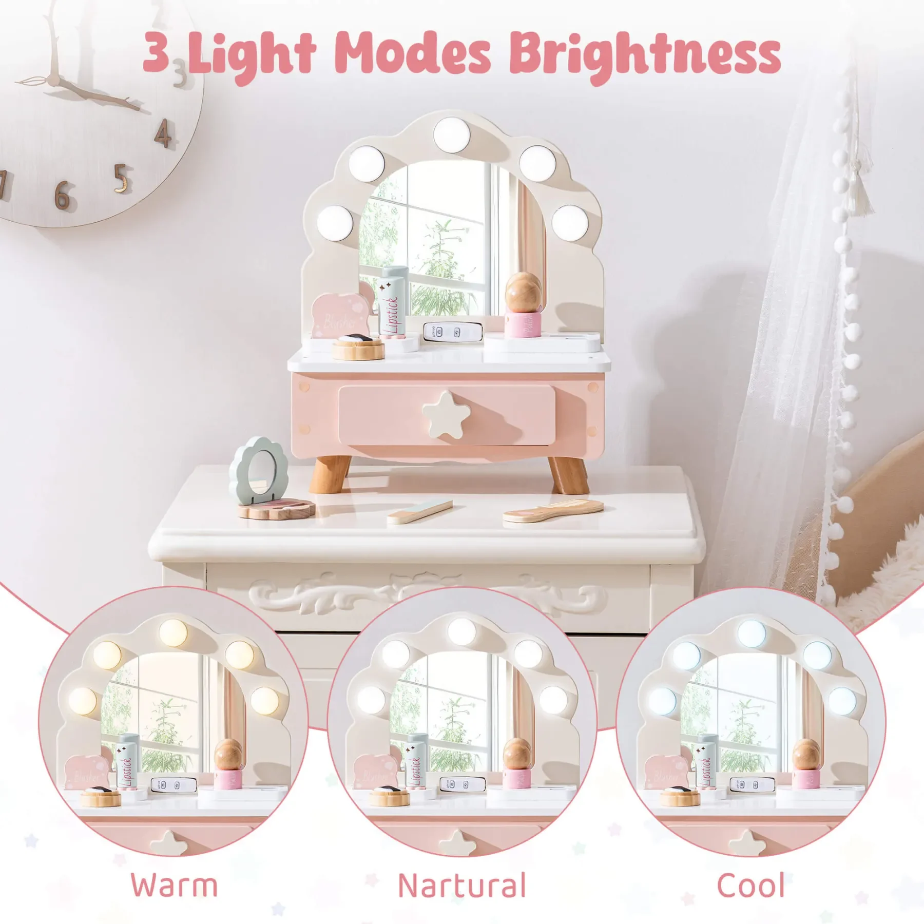 Robud Pretend ชุดโต๊ะแต่งหน้าสําหรับเด็กวัยหัดเดิน ของเล่นเด็กพร้อมกระจกและอุปกรณ์ไม้สีชมพู