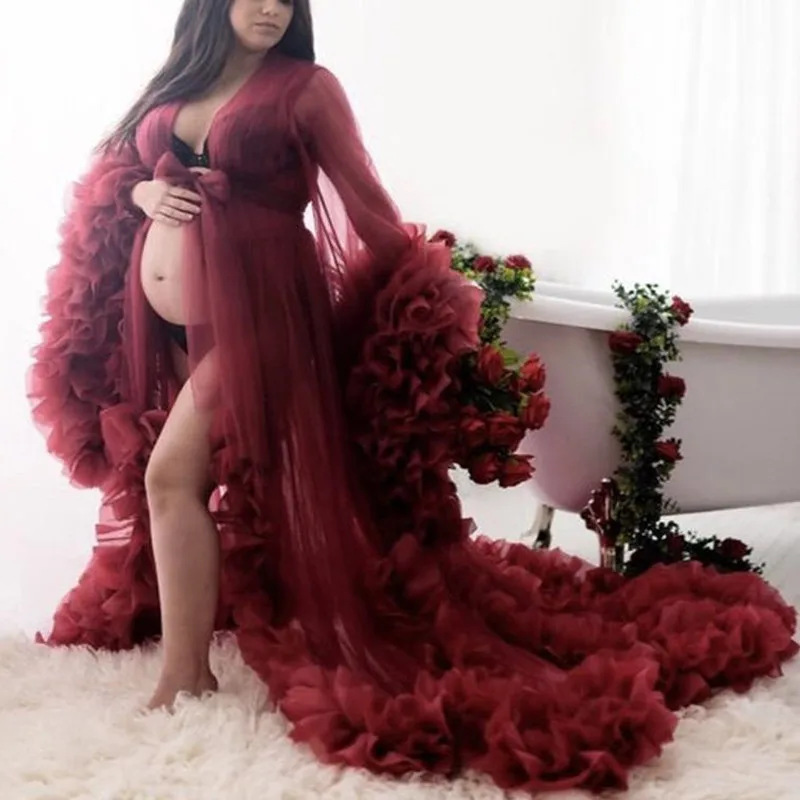 Novo único vestidos de baile tule roupões de maternidade das mulheres photoshoot vestidos de noite fofo em camadas tule robe formal vestido de festa