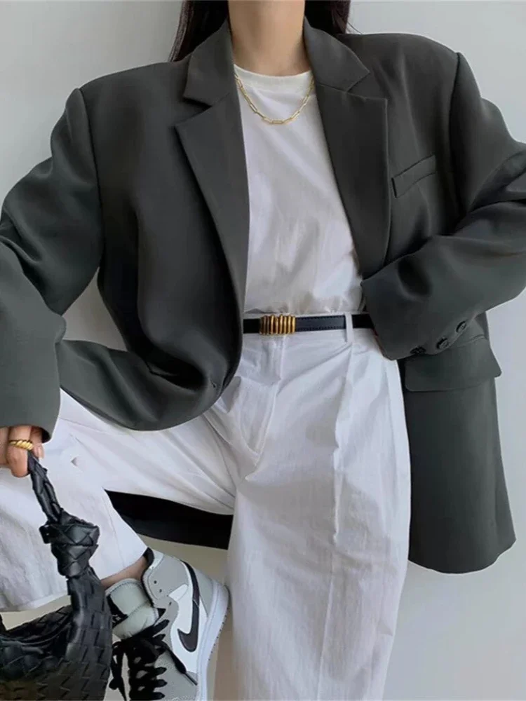 Blazer a maniche lunghe larghi da strada alla moda Cappotto da donna da ufficio casual con bottone singolo All-match Blazer da donna vintage solido