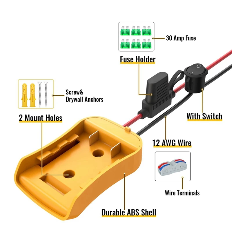 Power Wheels Adapter For Dewalt 20V Battery, Power Wheels Battery Converter Kit With Fuse, Switch, Wire Terminals, Durable