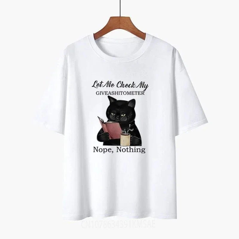 Cat Let Me Check My Giveashitometer Nope Nothing Summer Women's graphic t shirts Casual  Men's and Women's Couple T-shirt