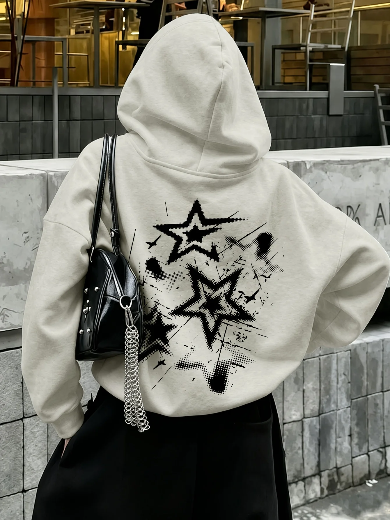 Herren Grunge Star Sport-Hoodie mit Farbspritzer-Print, Hellgrau, Oversize-Pullover, Streetwear-Sweatshirt für Frühling und Herbst – Detail 3