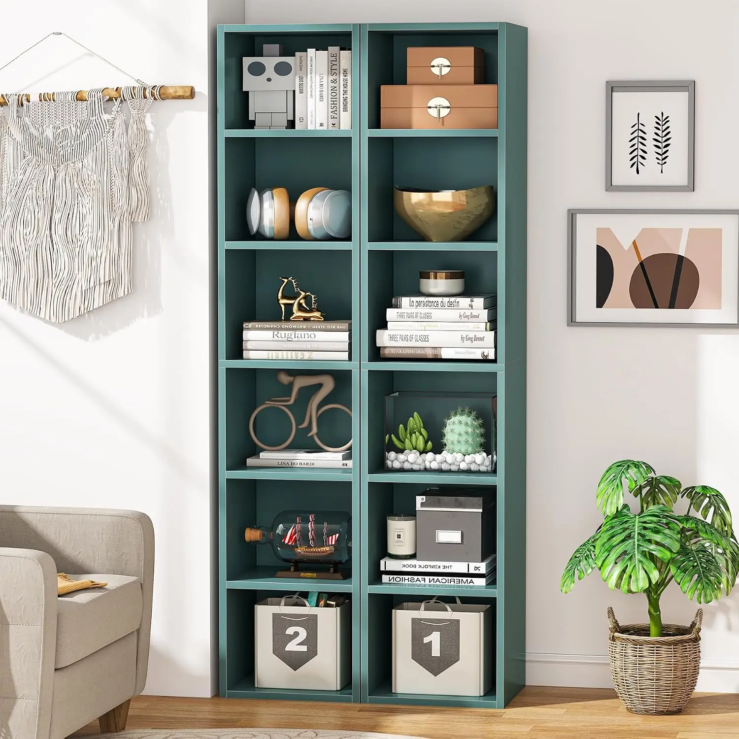 70.9 Inch Tall Narrow Bookcase Set of 2 Rustic Corner Storage Shelf 6 Tier Cube Display Home Office, Customized