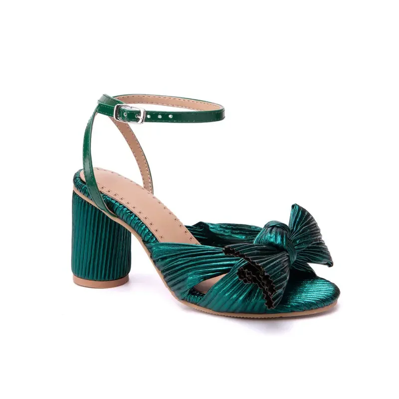 Cross Buckle Big Size 50 51 52 53 Pleated Satin Open Toe Sexy Shiny Gold Round High Heels Dark Green Silver Pink Women Sandals