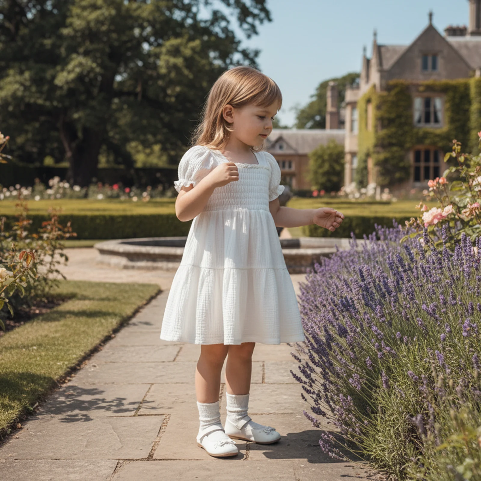1-6Y Little Girl Dress Short Puff Sleeve Square Neck Smocked A-line Dresses for Retro Casual Princess Summer Dress for Kids