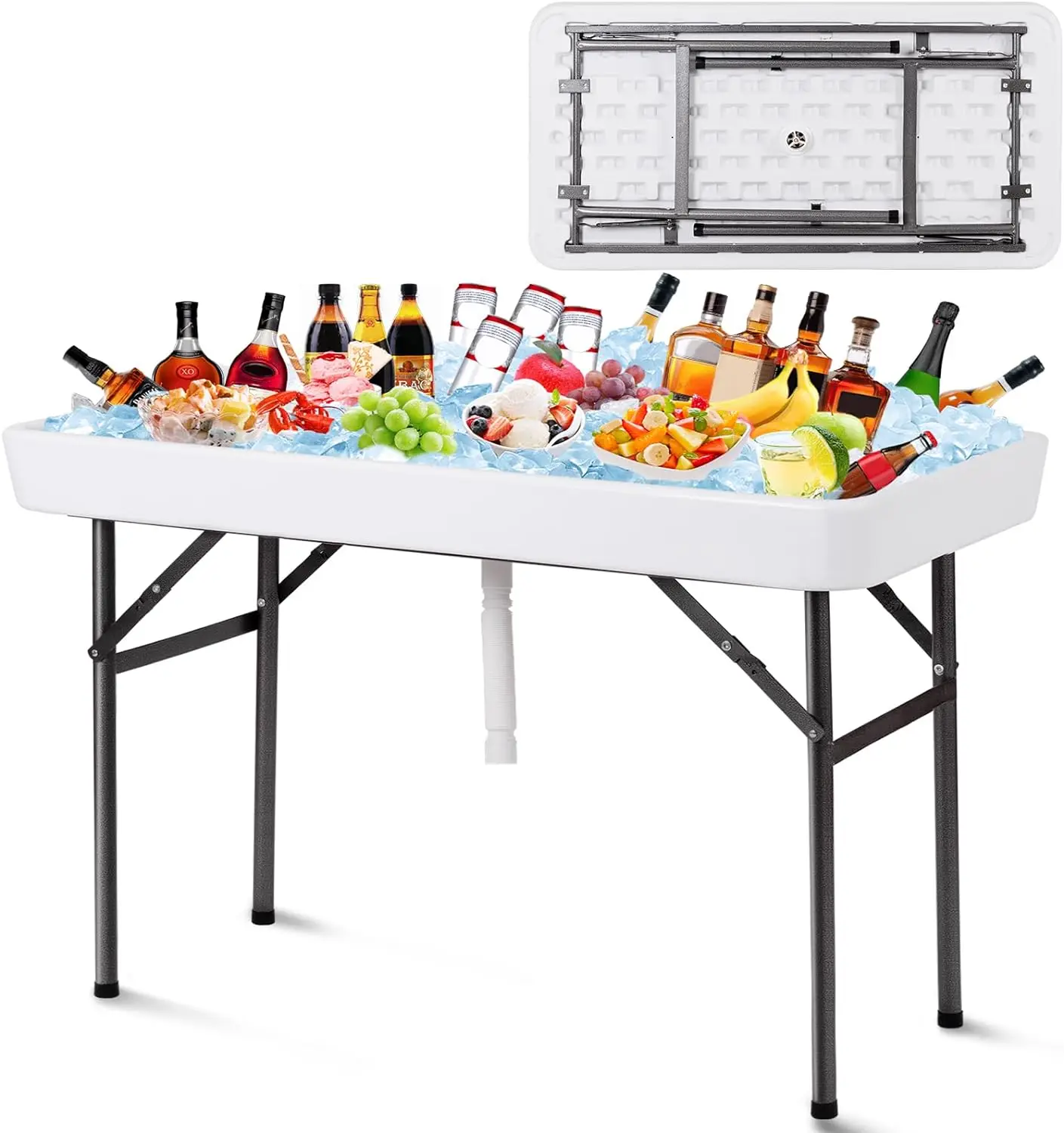 4 Foot Folding Ice Cooler Table with Drain, Portable Cooler Table Outdoor with Removable Matching Skirt, Cold Food Table