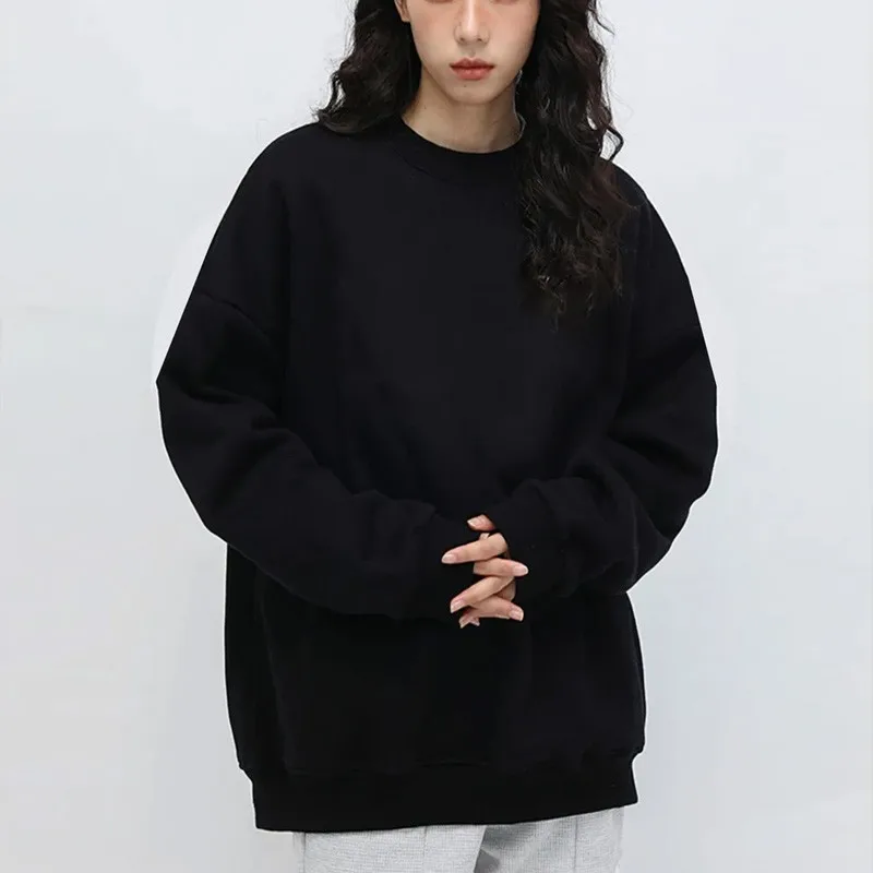 Autumn Winter Y2k Clothes Fleece-line Tops O Neck Sweatshirt Men And Women Long Sleeve Black Pullover Campus Style Loose Couple