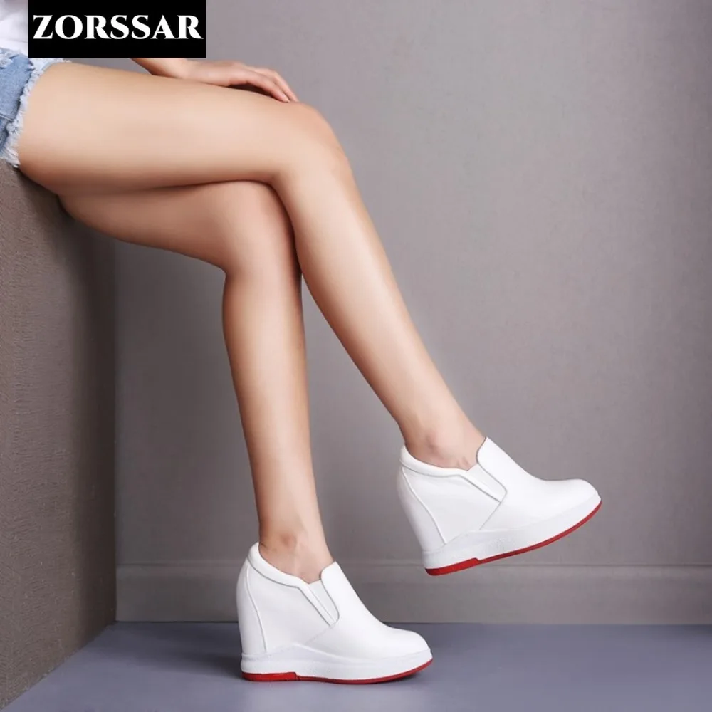 

Genuine Leather Women Casual Shoes 7cm Platform Hidden Wedge Women Fashion Sneakers Spring Autumn Women White Vulcanized Shoes