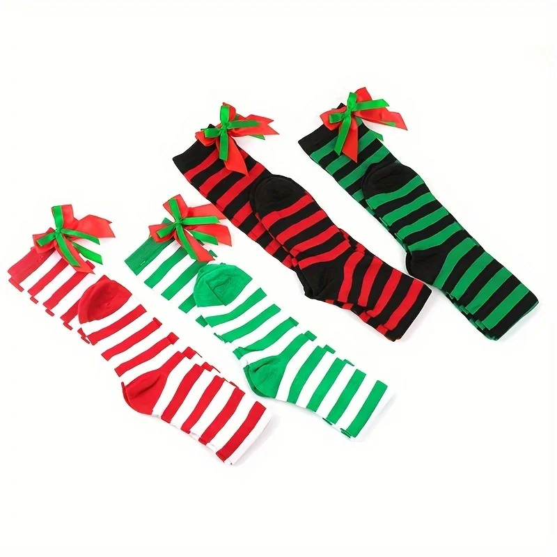 Fashion Christmas Women\'s Socks Striped Long Stockings Christmas Decorations High Socks Striped Knee Sock Comfortable Sox Female