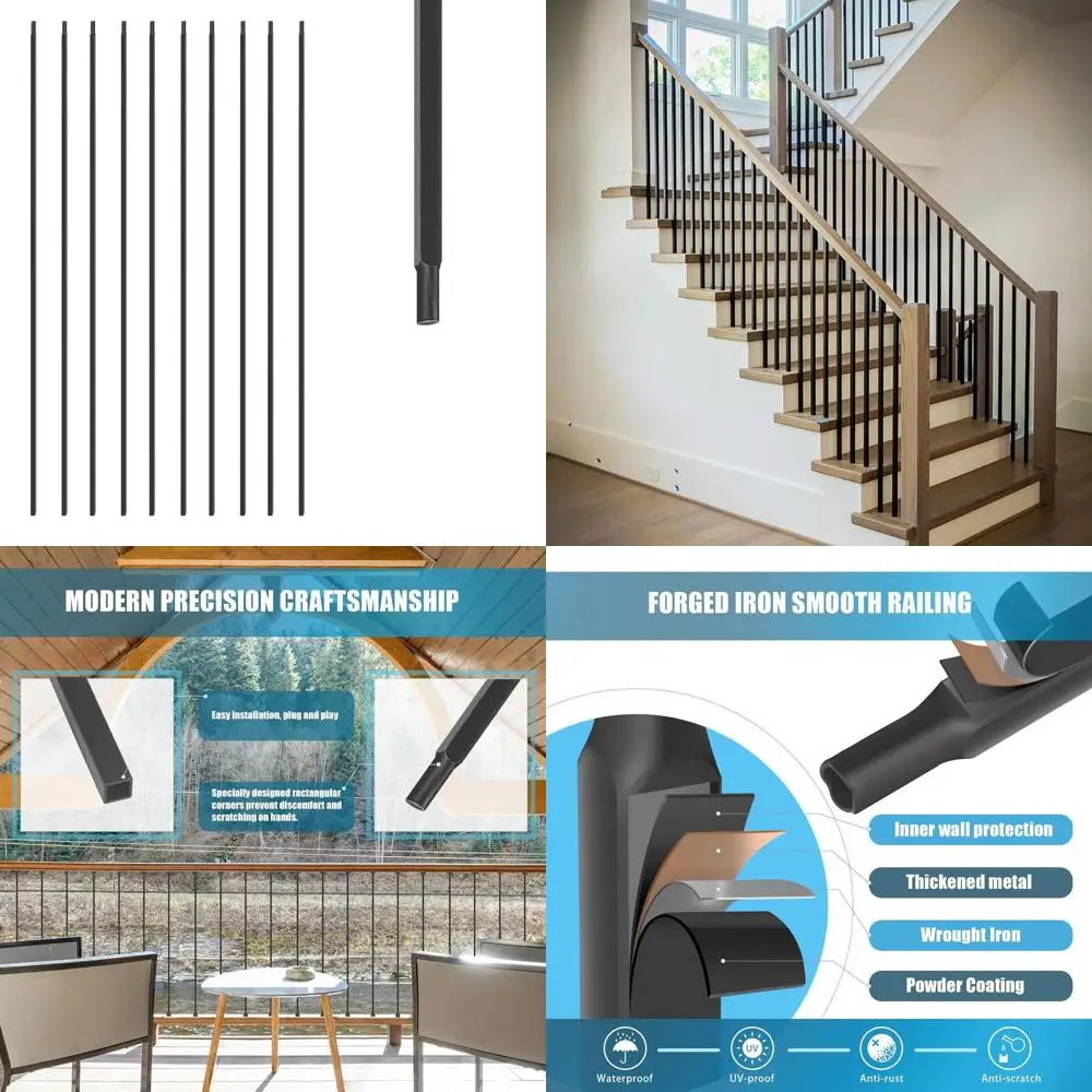 

1/2 Inch Hollow Square Metal Stair Balusters - Satin Black Iron Spindles for Indoor Staircases (15 Pack)