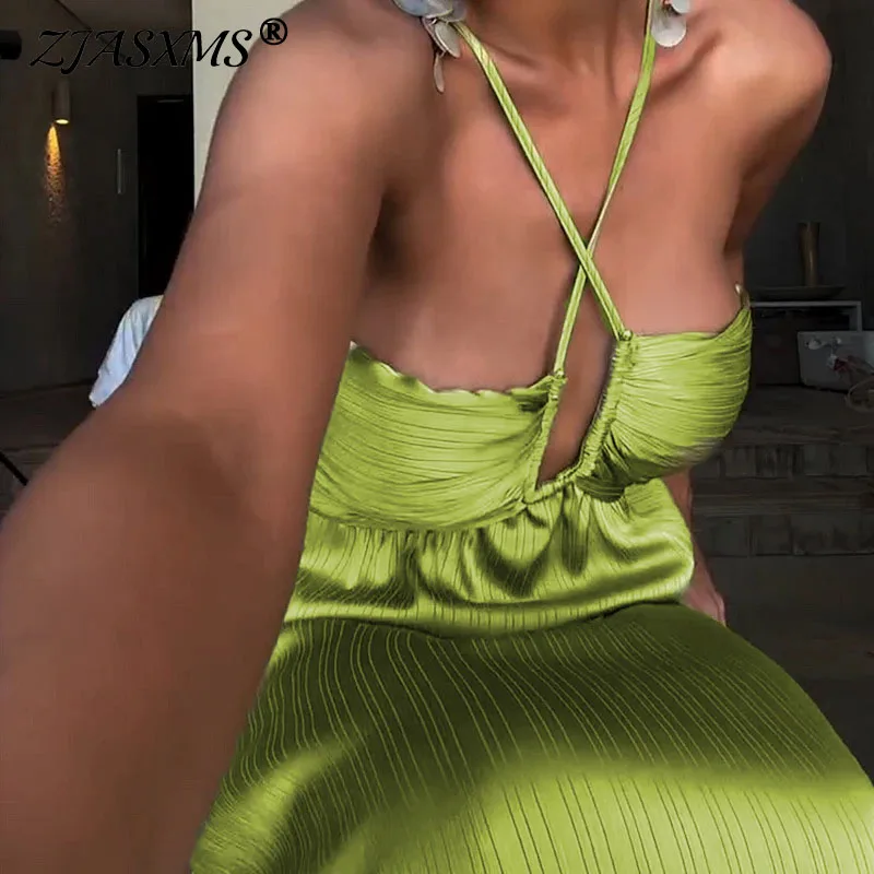 Robe longue plissée à col licou pour femmes, tenue d'été élégante, épaules dénudées, couleur unie, Maxi, taille haute, dos nu, à lacets, robe de Banquet