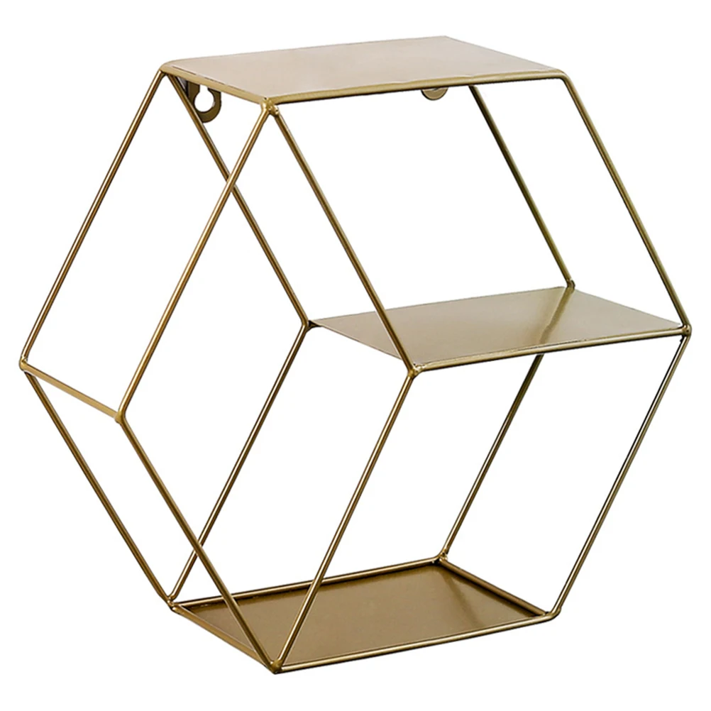 

Wall Shelf Hexagon Double Layer Metal Storage Rack Home Kitchen Balcony Cafe Hotel Garden Supermarket Plant Book Magazine Craft