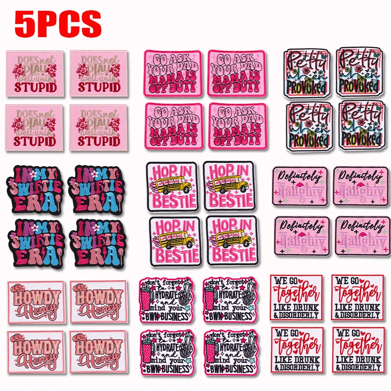 

5PCS Western Cowboy/Cowgirl Embroidered DIY Cartoon Pink Letter Slogan Patch Iron On Patches For Clothing Jackets Hats Sew Badge