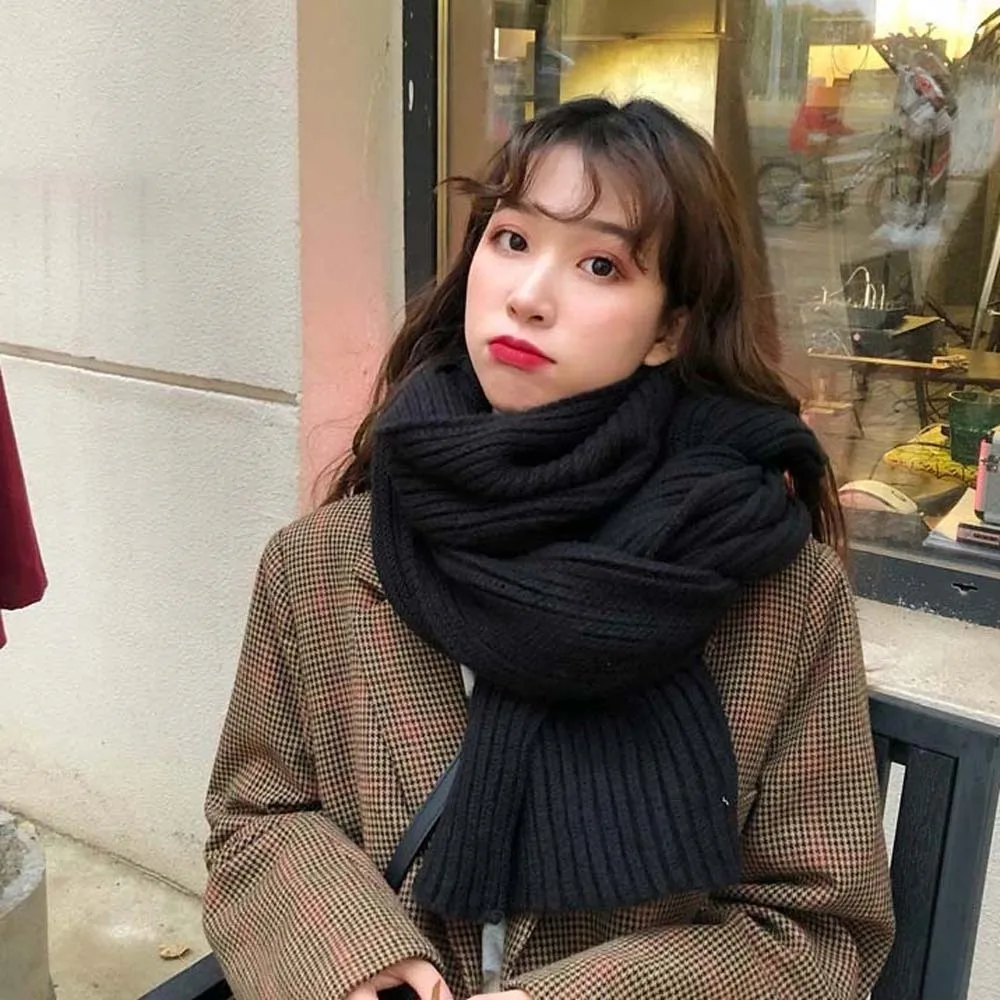 

Acrylic Fibers Knitting Wool Scarf Spandex Polyester Long Thickened Neckscarf Classic Solid Color Winter Warmer Scarf Windproof