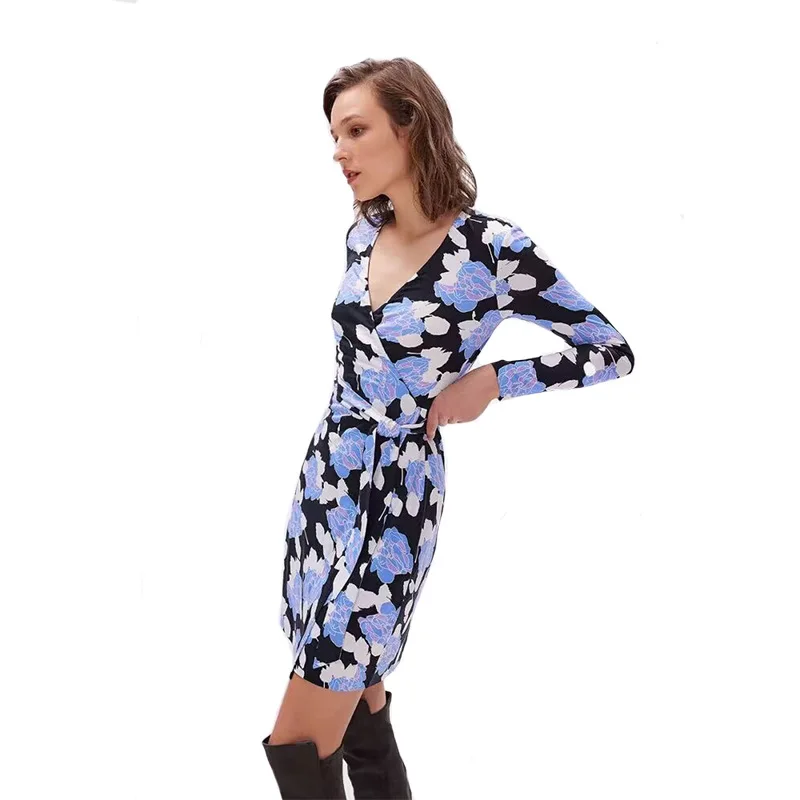 

Women Floral Print Wrap Dress Fashion Slim Waist Slit Package Hip Femme Robes 2024 Early Spring Clothing