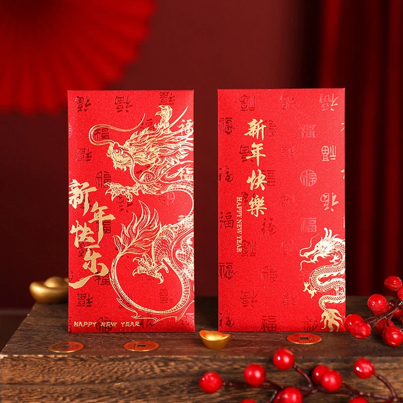 Sobres Rojos de papel duro para estampación en caliente Hongbao, sobres rojos para Año Nuevo, Festival de Primavera, bolsillos rojos, paquetes de dinero de la suerte, regalo, 2024, 6 unids/set