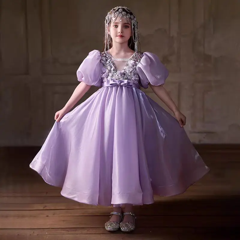 Jill Wish J028 Elegant Lilac Flower Girl Dresses Luxury Beading Puff Sleeve Kids Wedding Birthday Party Pageant Evening Gown