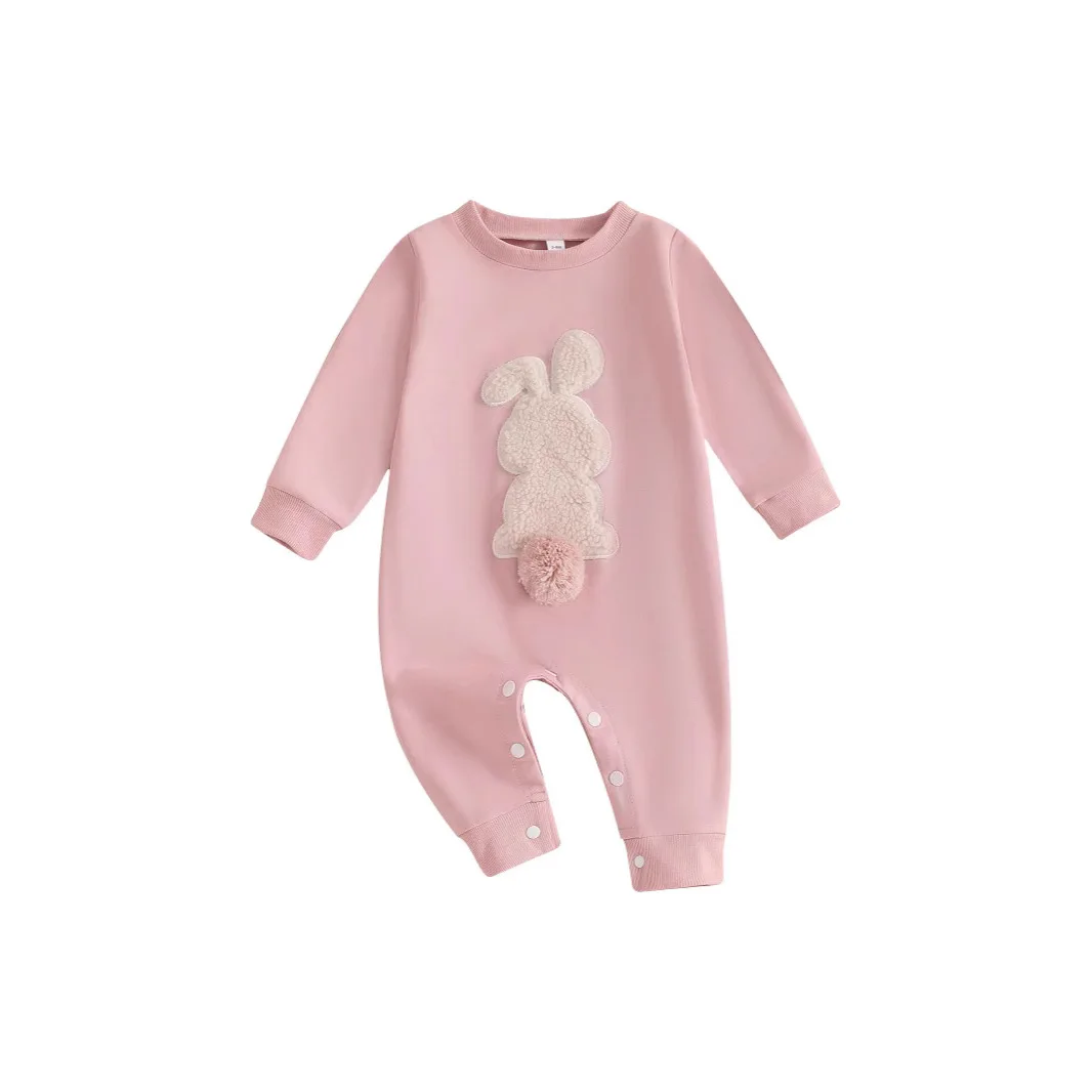 ZOETOPKID Easter Infant Baby Girls Boys Rompers Plush Bunny Embroidery Long Sleeve Jumpsuit Winter Autumn Clothes