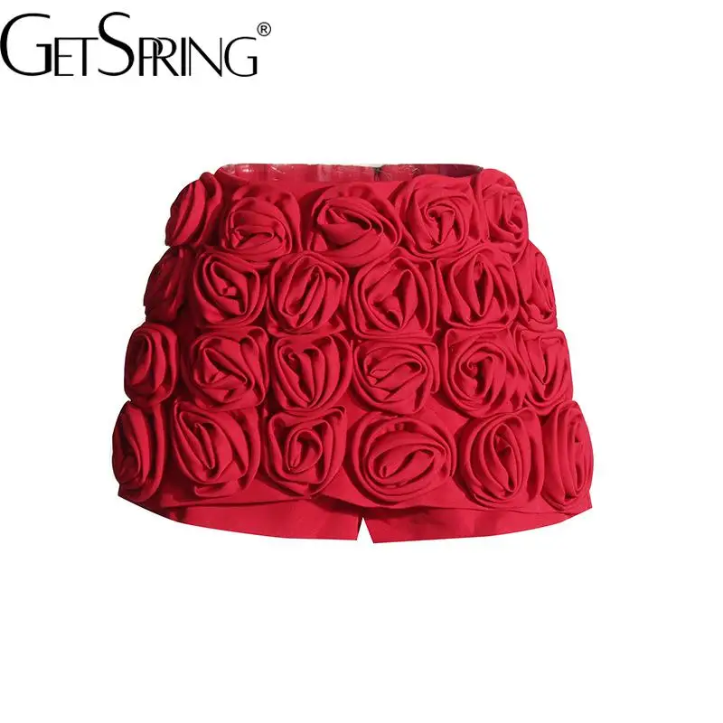 GetSpring Women Shorts 2025 Spring New Fashionable Three Dimensional Rose Stitching High Waist All Match Slim Thin Red Shorts