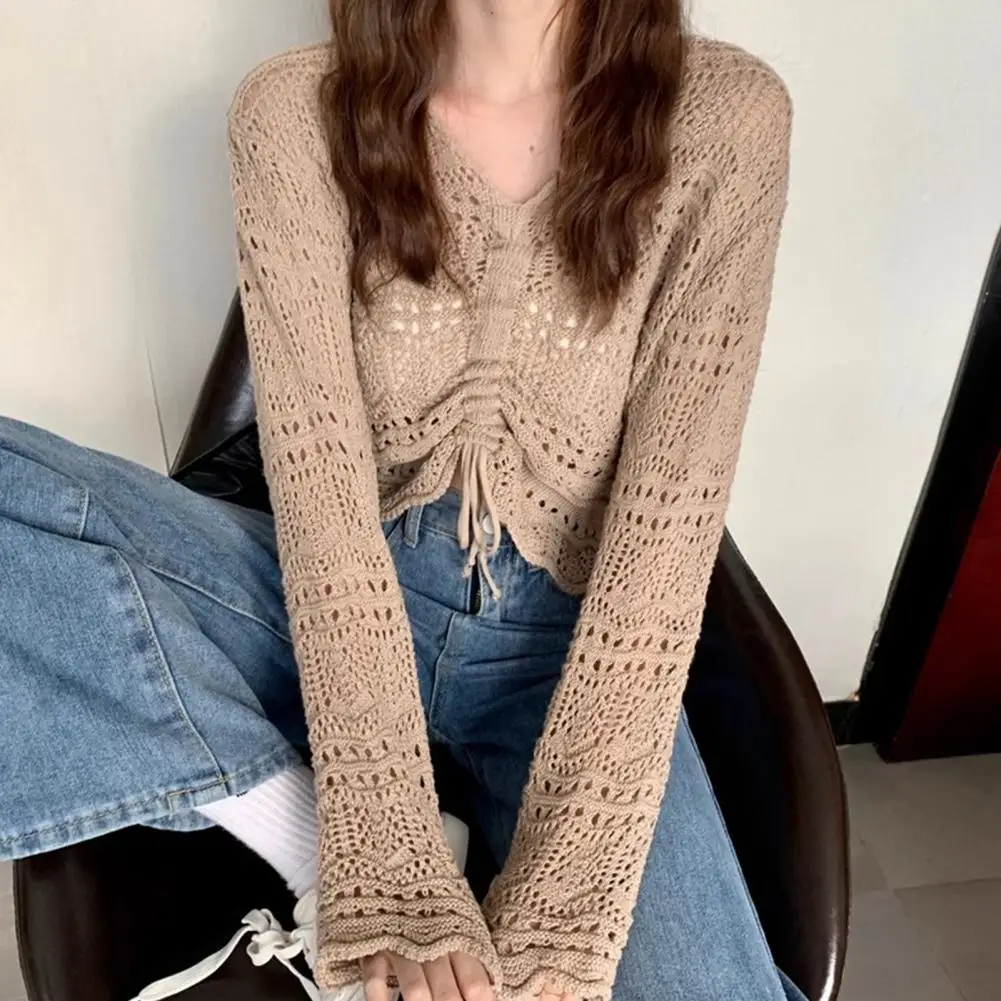 

Women Cover Up Tops V-Neck Long Sleeve Pullover Tops Solid Color Loose Drawstring Hollow Design Knit Shirt Sunscreen Cover Up