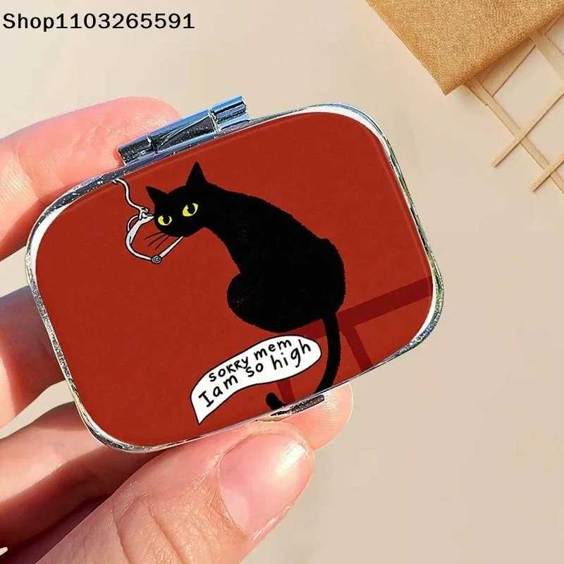 2 Grid Metal Mini Medicine Case Pill Organizer Small Travel Medicine Box For Pocket & Purse Funny Black Cat Portable Pill Box