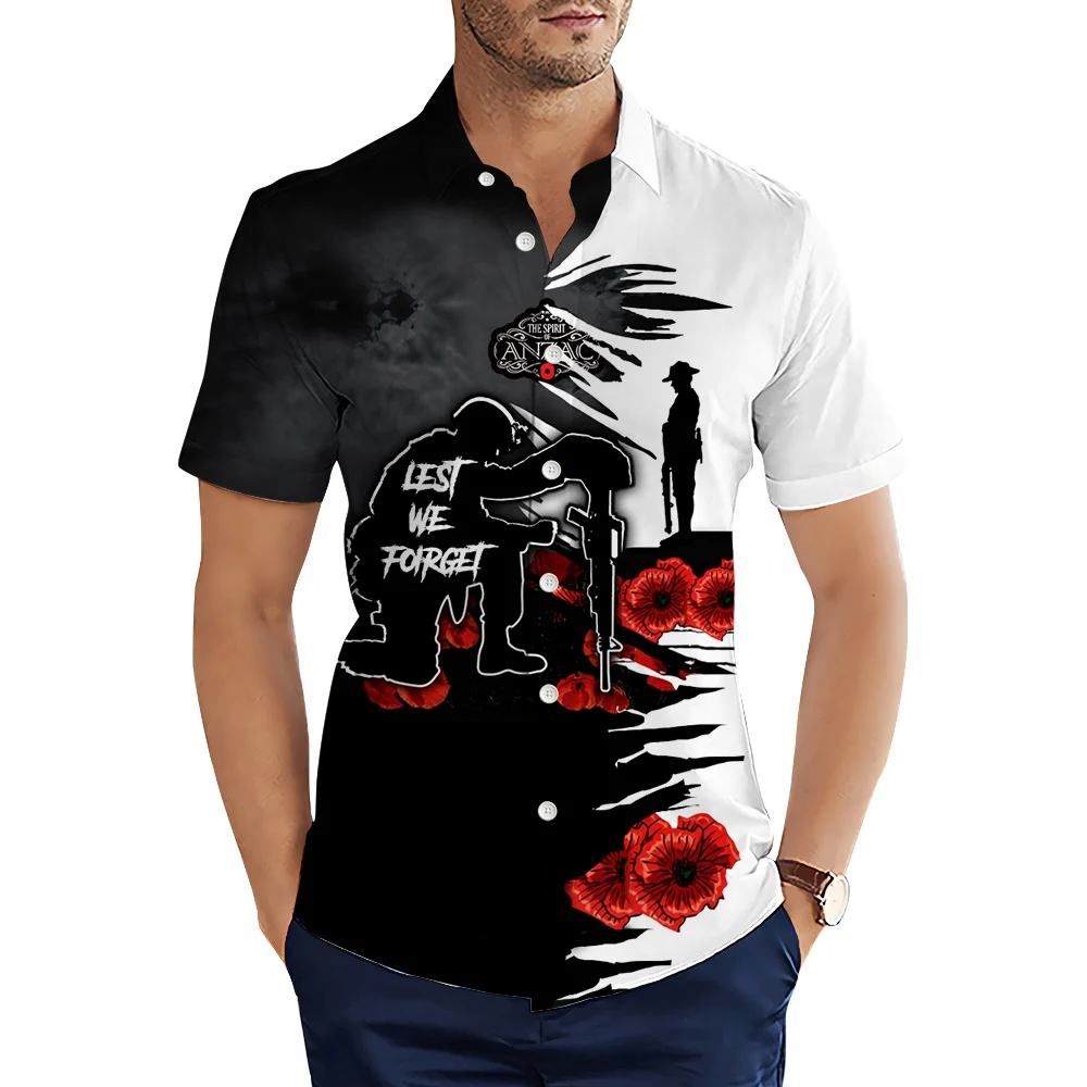 HX Camisas masculinas da moda Anzac Day Last We Forget Splicing Camisa casual impressa em 3D Camisas de verão para roupas masculinas