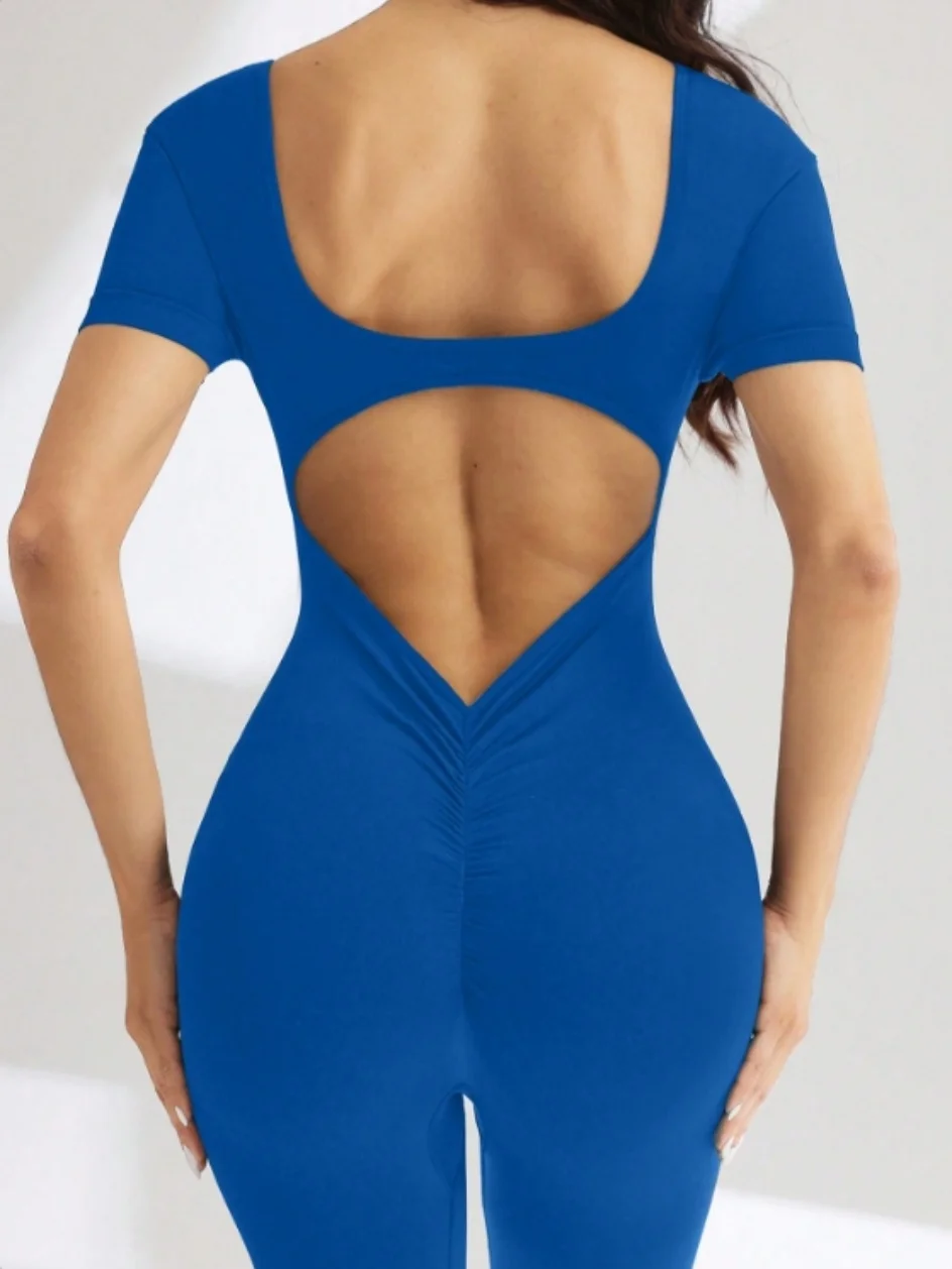 One piece seamless spandex U-neck short sleeved bodysuit with hip lifting, gym clothing, women's fitness jumpsuit image 6
