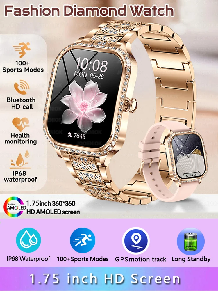Mode Vrouwen Diamanten Horloge 1.75 inch 360*360 HD Display Hartslag Bloed Zuurstof Monitoring Bluetooth Oproep Smartwatch 2026 Nieuwe - afbeelding 2
