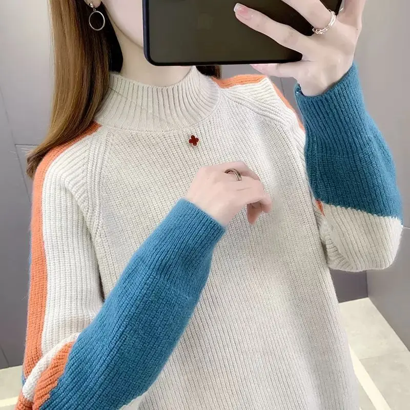 

Осень-зима, свободный пуловер контрастного цвета с полувысоким воротником, свитер, вязаный женский универсальный топ с завинчивающейся резьбой