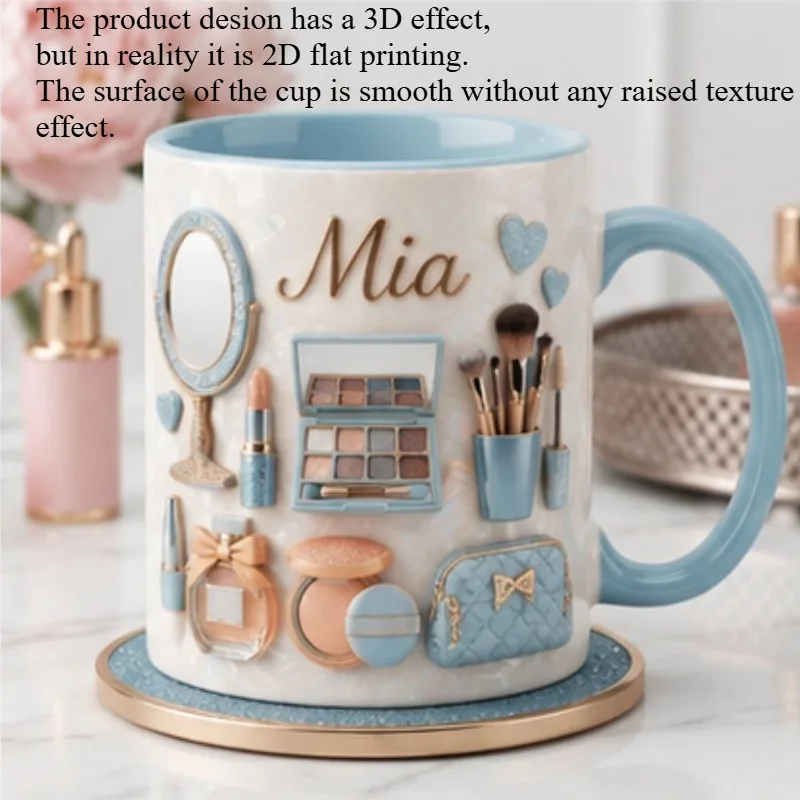 2D Flat 1pc Customizable Name Mug with Pearl Mother Base Glitter Blue Series Makeup Tool Pattern Makeup Mirror Eyeshadow Perfume