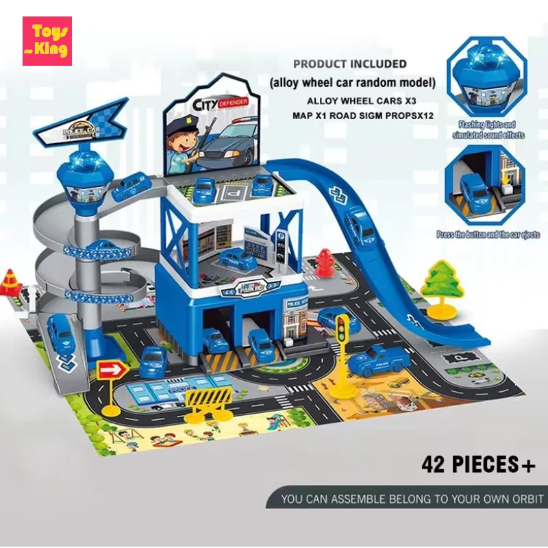 DIY 레일 자동차 세트 주차 도시 화재 경찰 퍼즐 조립 활주로 관성 자동차 엔지니어링 차량 어린이 장난감 소년 생일 선물