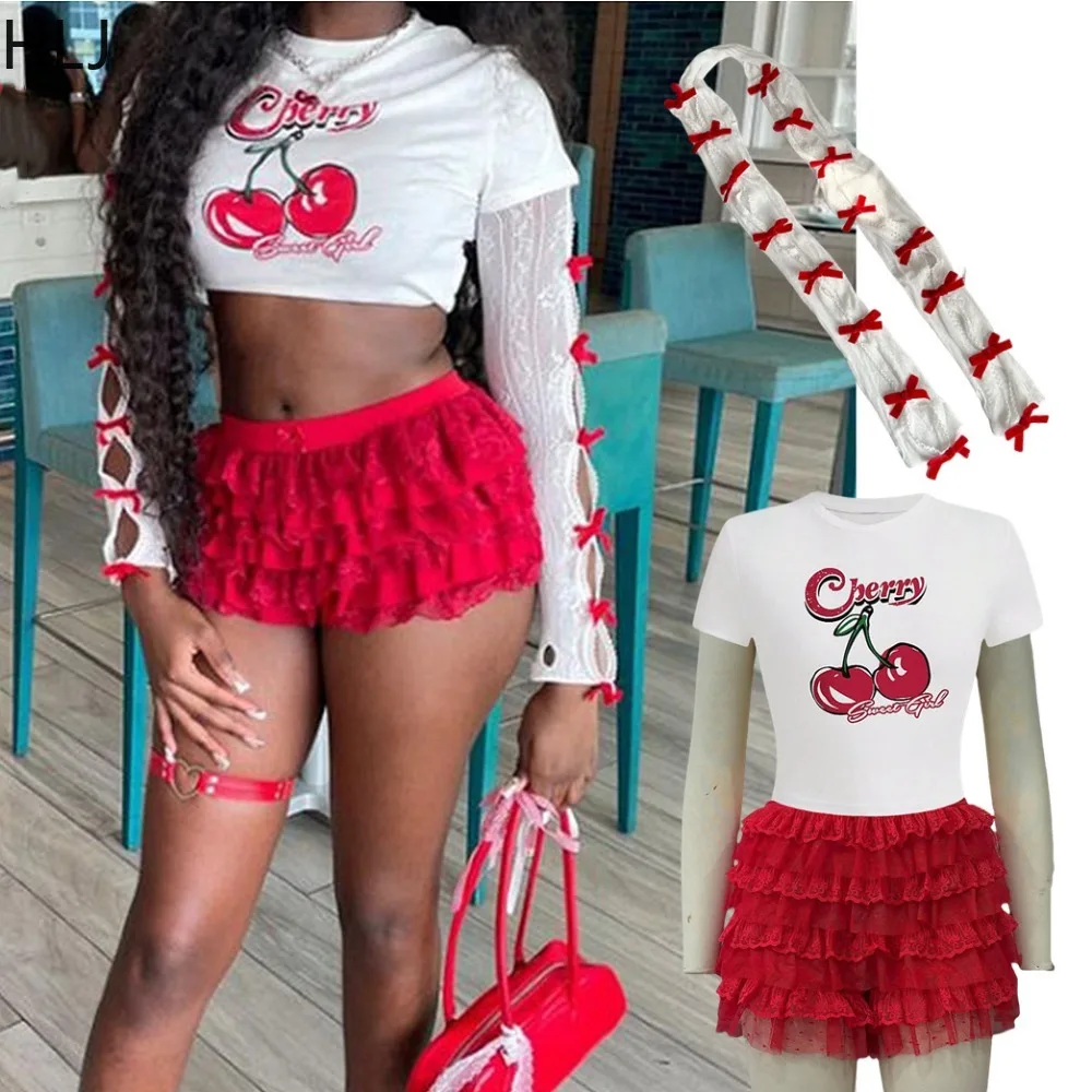 HLJ Sweet Cherry Printing Y2K 3 Piece Sets Women O Neck Short Sleeve Crop Top And Lace Ruched Shorts Outfits Fashion Streetwear