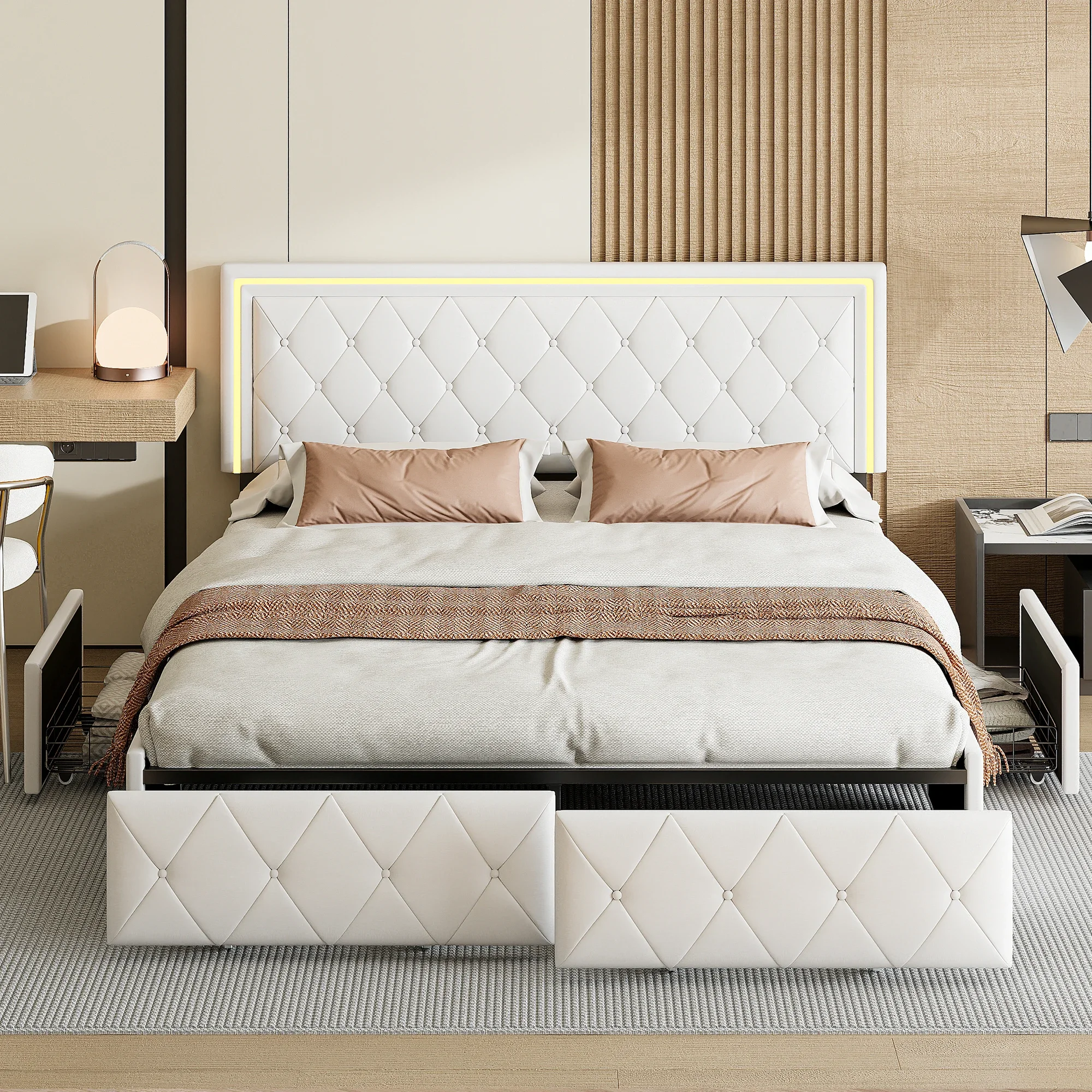 Superaly 140x200cm gepolsterter Doppelbettrahmen mit 4 Schubladen, gestepptem Kopfteil, PU-Leder, Lattenrost, Plattformbett für Erwachsene, Schlafzimmer, Matratze nicht enthalten
