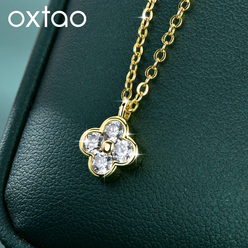

OXTAO Luxury Four-leaf Clover Moissanite Necklace Certified For Women Lucky Pendant Necklace Bezel Setting 3mm D VVS1 Jewelry