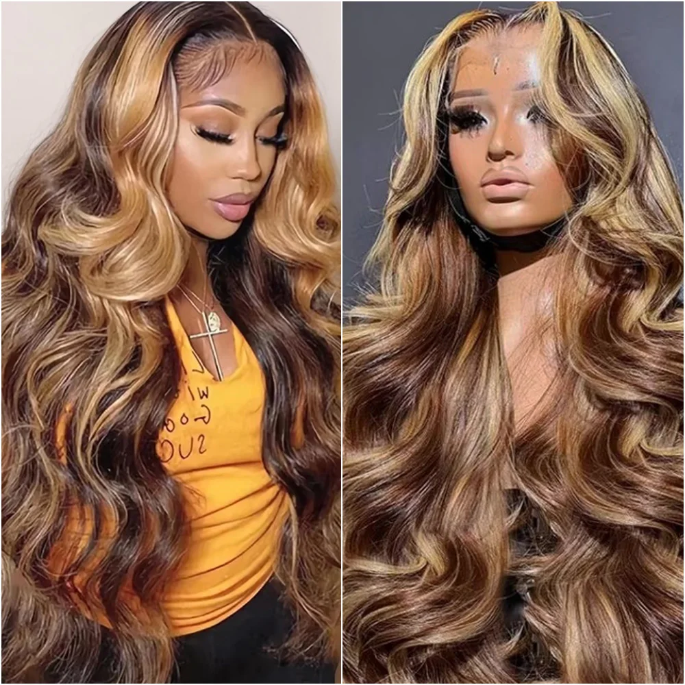 

30 36 Inches Ombre Highlight Wig Body Wave 13x6 Lace Front Wigs Human Hair Honey Blonde Colored 4/27 Lace Frontal Wigs for Women